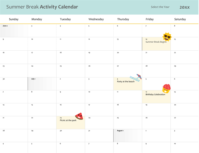Summer Break Calendar FreeTemplatesPro